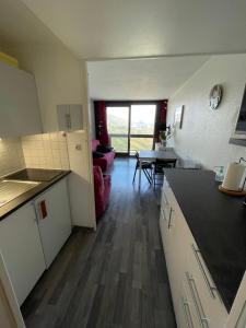 a kitchen and living room with a view of a table at Studio au pied des pistes 4 pers, Alpes Le Corbier in Le Corbier