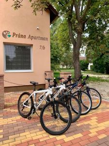 un grupo de bicicletas estacionadas frente a un edificio en Prána Apartman en Herend