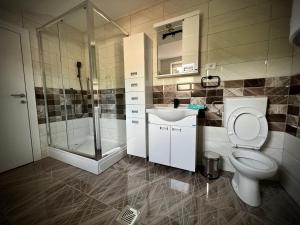 e bagno con servizi igienici, lavandino e doccia. di Lux Apartman Rudnik a Rudnik