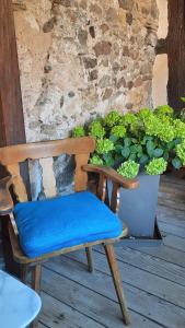 貝格海姆的住宿－La Charpenterie， ⁇ 花植物旁的带蓝色靠垫的木椅
