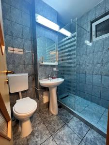 a bathroom with a toilet and a sink and a shower at Muntean Residence in Sibiu