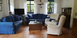 a living room with blue couches and a tv at Ferienhaus Arkona Putgarten in Putgarten