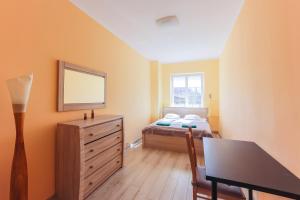 - une chambre avec un lit et une commode avec un miroir dans l'établissement Apartament Gdańsk Stare Miasto przy Neptunie, à Gdańsk