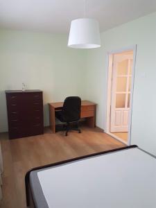 een slaapkamer met een bureau, een stoel en een bed bij Apartments in Panevezys city center in Panevėžys +19 foto's
