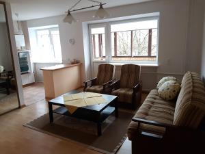 - un salon avec un canapé et une table dans l'établissement Apartments in Panevezys city center, à Panevėžys