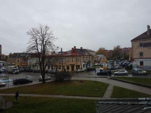 une rue de la ville avec des voitures garées dans un parking dans l'établissement Apartments in Panevezys city center, à Panevėžys