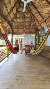 two people laying in hammocks in a room at Hostal Blood Moon in Rio Dulce