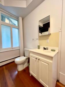 a bathroom with a toilet and a sink and a mirror at Les logements PMTEEL - stationnements inclus in Quebec City +42 photos