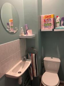 uma casa de banho com um lavatório, um WC e um espelho. em Le parapluie rouge em Châlons-en-Champagne