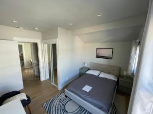 a small bedroom with a bed and a mirror at Beautiful 3 Bed 3 Bath upper house in Bernal Glen in San Francisco