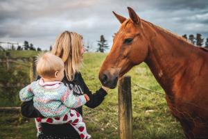 una mujer sosteniendo un bebé mientras acaricia un caballo en Fernhill Guest Farm en Knysna