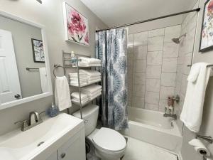 Un baño con inodoro, ducha y lavabo. en * Cozy Crib * Pet Friendly * King Bed *, en Durham 14 fotos más