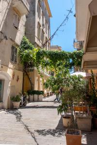una calle vacía con plantas y edificios en JoMi House of Art, Old Corfu Town, en Corfú