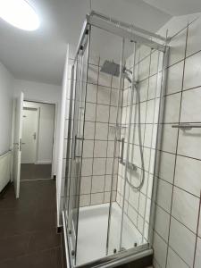 a shower in a bathroom with a glass door at Erft Apartment in Kerpen