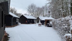 a yard covered in snow next to a cabin at Bungalowdorf Lübben in Lübben