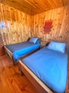 Duas camas num camarote com paredes de madeira em Cabañas Refugio Las Conejas em Pelluhue