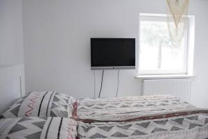 een woonkamer met een bed en een flatscreen-tv bij Schöne Ferienwohnung in der Welterbe Region in Trechtingshausen