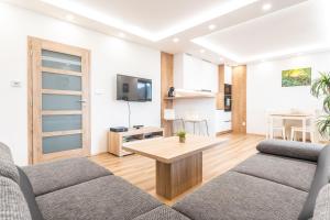 a living room with a couch and a table at SCANDIC Apartments Plešivec in Abertamy