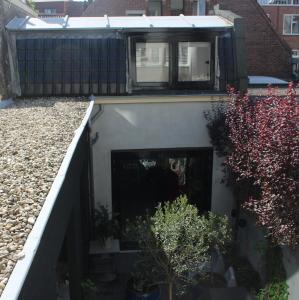 un edificio con ventana y algunas plantas en Achterhuis Slapen en Eten en Gouda