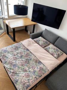 un sofá con una manta en la sala de estar en A modern apartment for 2 people, en Cracovia