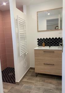 uma casa de banho com um lavatório e um espelho em Ravissant logement avec jacuzzi em Lançon-Provence
