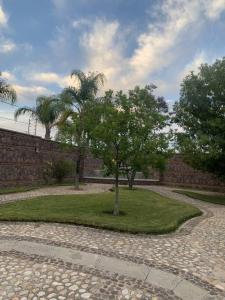 a garden with two trees and a brick wall at Villa Quinta Lomas casa completa con aéreas verdes in León