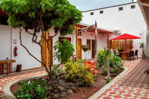 a garden in front of a house with a tree at Plaza Luna Suites in Puerto Ayora