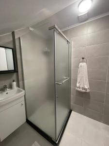 a shower with a glass door in a bathroom at Guesthouse 12a in Prishtinë