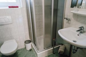 ガシュルンにあるSpatla Appartementsのバスルーム(シャワー、トイレ、シンク付)