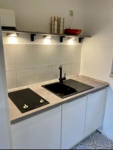 cocina con fregadero y encimera en West46 Apartment mit Netflix & Prime en Duisburg