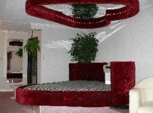 a room with a red chair with two potted plants at Chateau Royale Inn in Lake Geneva