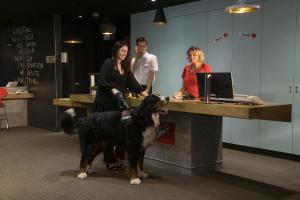 a group of people and a dog standing at a desk at ibis Gap Centre in Gap