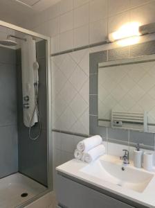 ein Bad mit einem Waschbecken, einer Dusche und einem Spiegel in der Unterkunft Maison & jardin proche Disney, Paris, Val d'Europe in Meaux