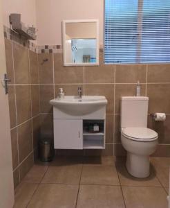 La salle de bains est pourvue de toilettes, d'un lavabo et d'un miroir. dans l'établissement Devine Stay- Pmb, à Pietermaritzburg
