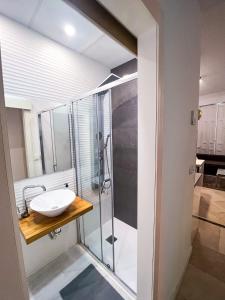 a bathroom with a sink and a shower at Baron Suites Reina in Valencia