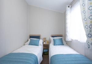 鄧巴的住宿－Caravan on Fantastic site，带窗户的客房内设有两张单人床。