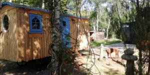 ein Holzhaus mit einem Pferd im Hof in der Unterkunft Sapphire forest garden shepherd’s hut in Church Stretton
