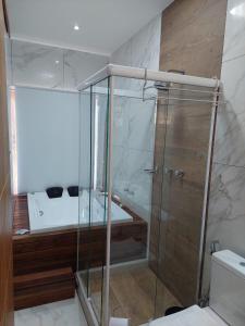 a bathroom with a shower and a toilet and a sink at Costa del Mar Hotel Boutique in Miguel Pereira