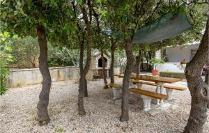 a picnic bench in the middle of trees at Stunning Apartment In Mandre With Wifi in Mandre +23 photos