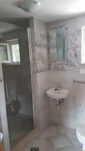 een badkamer met een douche en een wastafel bij Secluded holiday house Postira, Brac - 17571 in Postira
