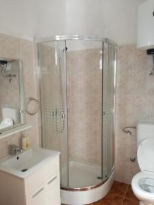 La salle de bains est pourvue d'une douche, d'un lavabo et de toilettes. dans l'établissement Apartments by the sea Ladjin Porat, Paklenica - 17624, à Starigrad-Paklenica
