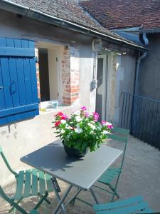 stół z doniczką na górze w obiekcie Maison au coeur de Sancerre le N°7 w mieście Sancerre