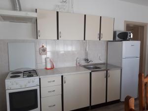 cocina con armarios blancos, fogones y fregadero en Apartments with a parking space Lipovaca, Plitvice - 17657 en Rakovica