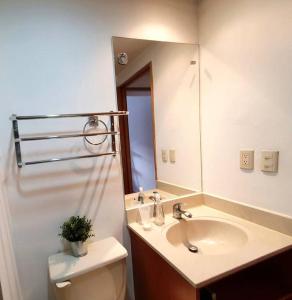 een badkamer met een wastafel, een toilet en een spiegel bij Hermoso depto c/alberca y gym Polanco in Mexico-Stad