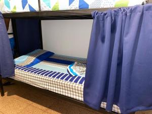 a bunk bed with blue curtains on the bottom bunk at Zebulo Hostel in Panama City