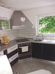 eine Küche mit einer Spüle, einem Herd und einem Fenster in der Unterkunft Apartments and rooms with parking space Slunj, Plitvice - 17719 in Slunj
