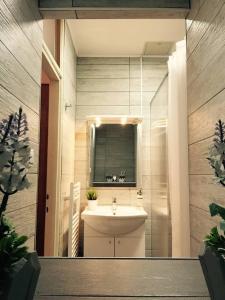 La salle de bains est pourvue d'un lavabo et d'un miroir. dans l'établissement Family friendly apartments with a swimming pool Ostarski Stanovi, Plitvice - 17806, à Rakovica