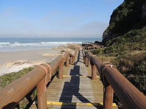a wooden boardwalk leading to a beach with the ocean at Pousada Cair do Sol in Ilha do Mel