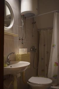 łazienka z umywalką, toaletą i lustrem w obiekcie Apartments by the sea Starigrad, Paklenica - 17865 w mieście Starigrad-Paklenica