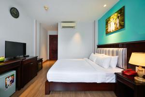 1 dormitorio con 1 cama y TV de pantalla plana en Cherry Central Hotel- Near Opera House, en Ho Chi Minh